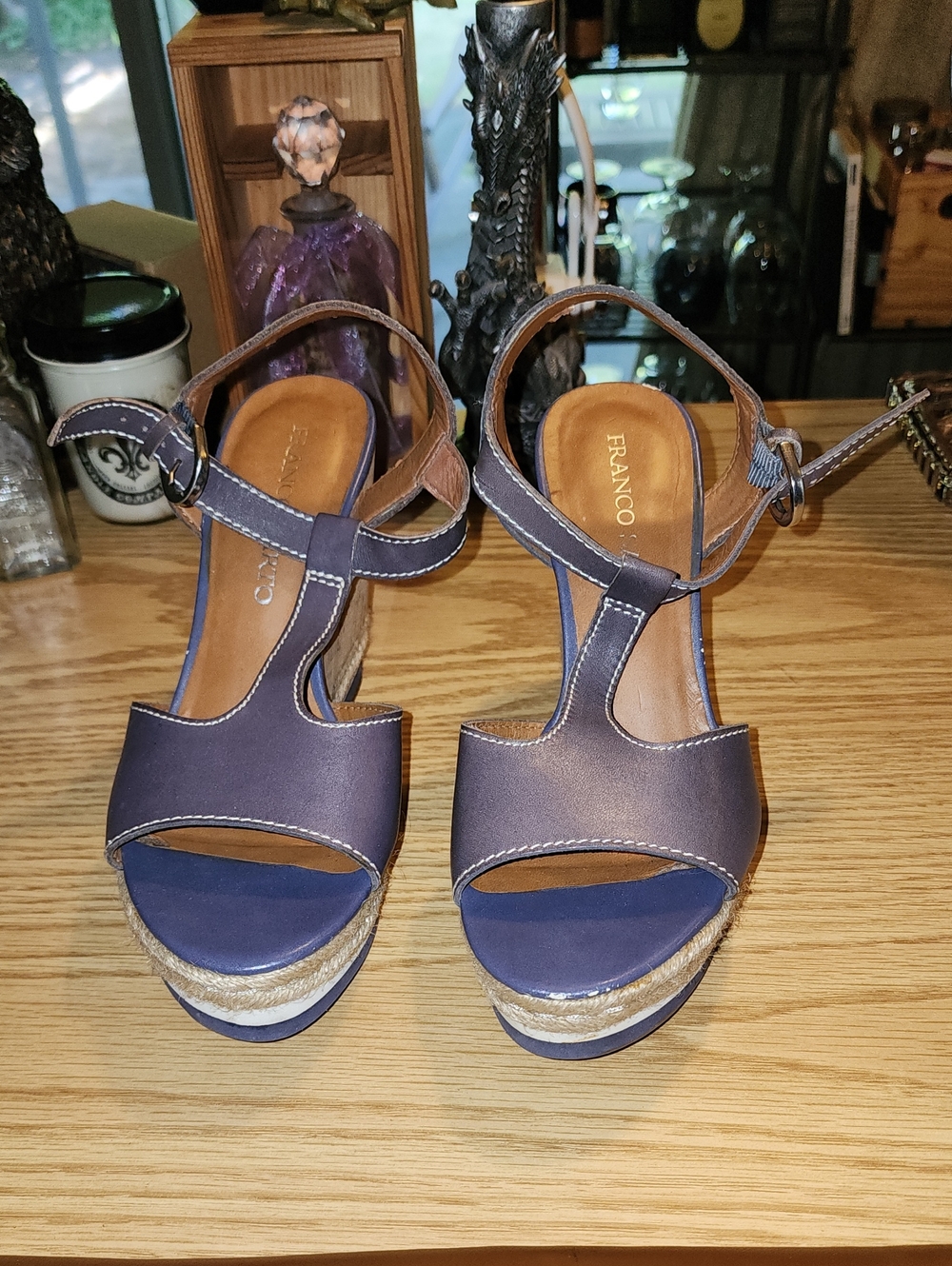 Franco Sarto Navy Wedge Sandals with Ankle Strap